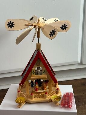 New Vintage Christmas Pyramid Candle Windmill Spinner Nativity Scene Wooden 11”